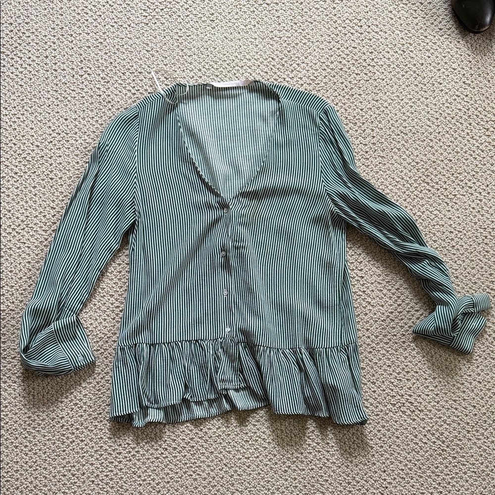 Zara Green and White Striped V-Neck Ruffle Hem Blouse